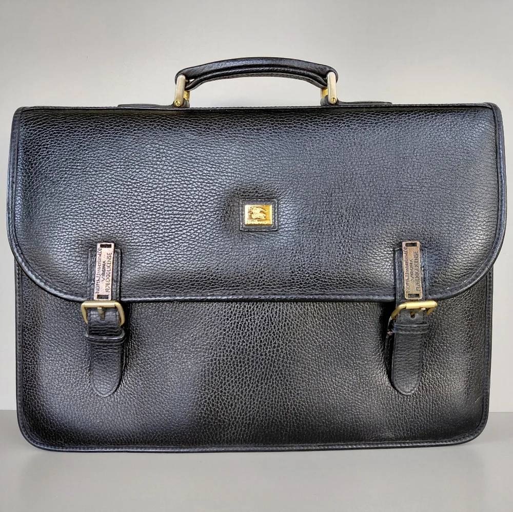 Burberry Black Leather Briefcase with Gold Accents